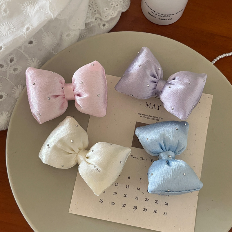 Sweet Milkshake Color Sponge Bow Hairpin Girl's Ball Head Rhinestone Side Clip Headdress Hair Accessories Garment Accessories