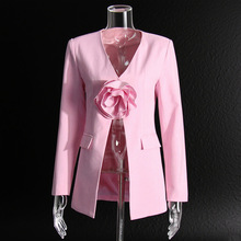 性感甜辣风上衣2025新款时尚 V领立体花朵拼接长袖收腰西装外套女