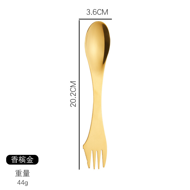 304ステンレス創意設計フォークスプーン一体食器学生屋外携帯二頭二合一ナイフフォークスプーン|undefined