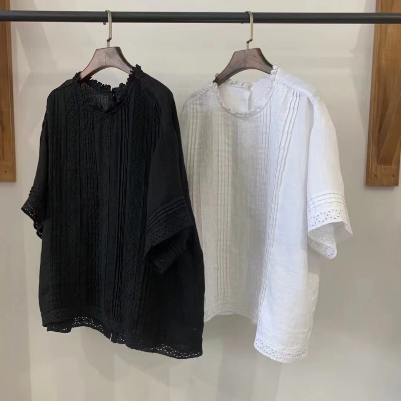 Forest Style Fungus Round Neck Linen Top for Women Summer New Lace Patch Accordion Pleated Back Single-Breasted Shirt for Women