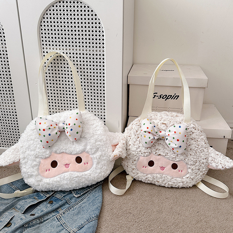 新款网红卡通旅行大容量毛绒包包女秋冬日系托特包可爱可题猫双肩