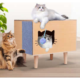 木质高脚猫窝封闭式猫屋侧边剑麻猫抓板逗猫毛线球玩具四季通用