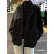 稳重加绒设计春秋毛呢短风衣外套大衣男男装黑色西装款感成熟卡其