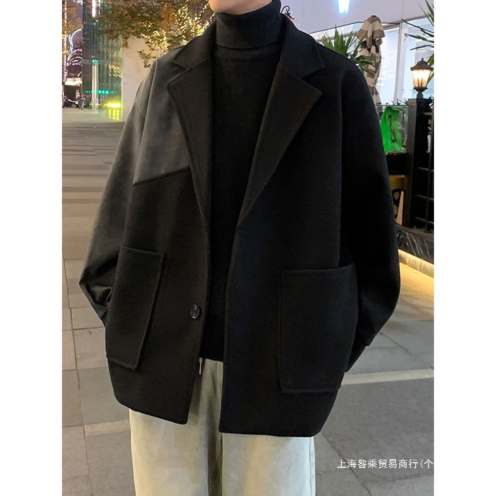 稳重加绒设计春秋毛呢短风衣外套大衣男男装黑色西装款感成熟卡其