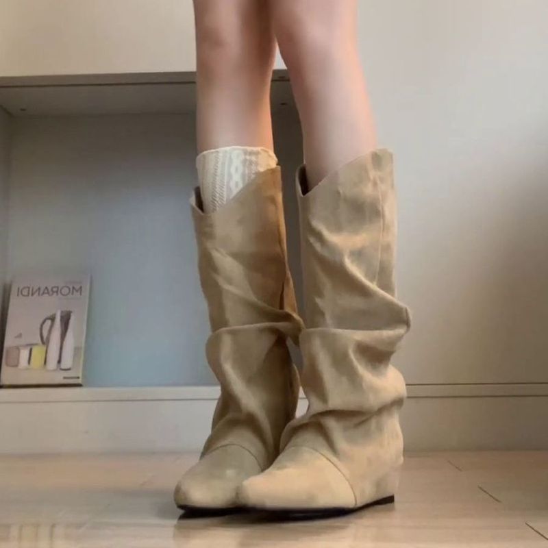 羊皮版~内增高尖头褶皱堆堆靴不过膝长靴女显瘦复古西部靴中筒靴|undefined