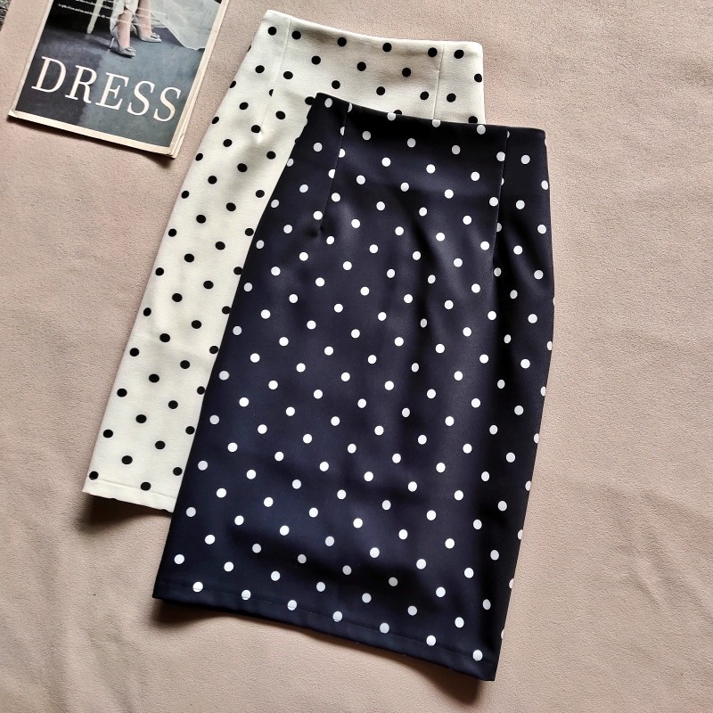 Retro Elegant Polka Dot Skirt for Women Spring and Summer New Fashion Slimming Look Elegant High Waist Slim Slit Hip Mid Skirt
