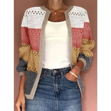 311929跨境亚马逊速卖通欧美女装外套秋冬休闲拼色镂空针织开衫女