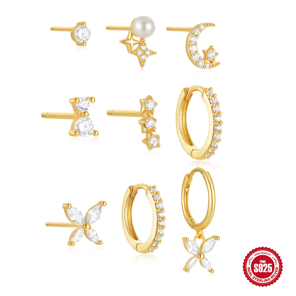 Nueva plata de ley s925, pequeña, fresca y romántica, estrella del bosque, luna, pendientes de estrella de cuatro puntas, pendientes simples de nicho femenino