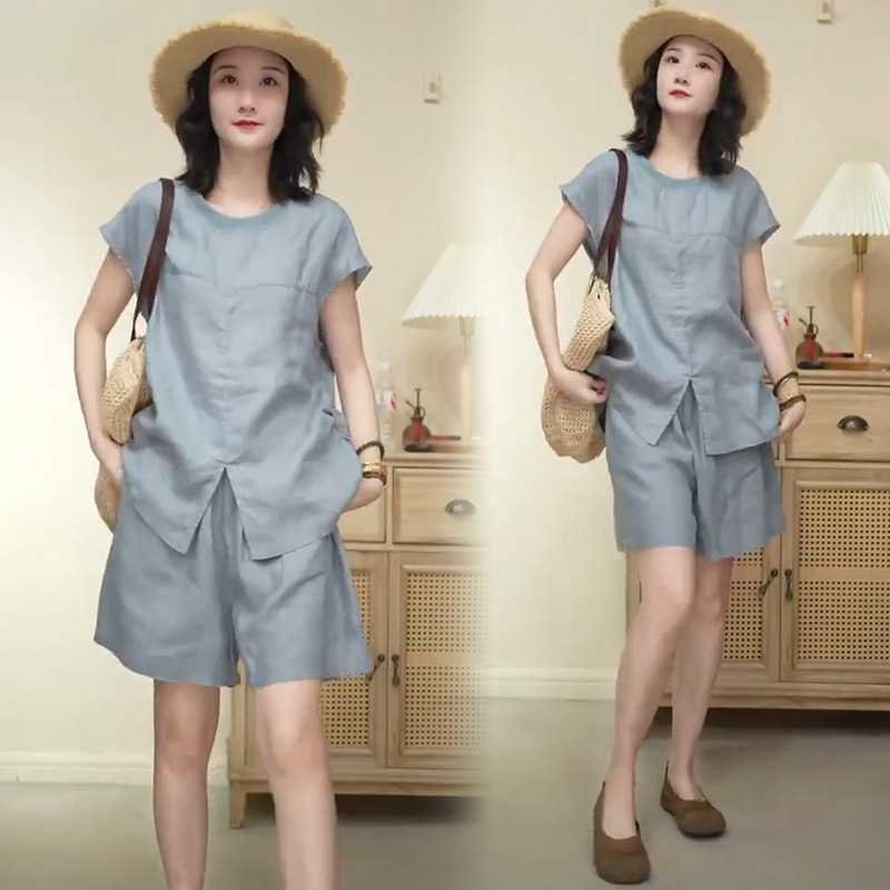 Linen Fashion Suit for Women 2025 Summer New Loose Slimming Look Hem Slit Short-Sleeved Wide-Leg Shorts Two-Piece Set