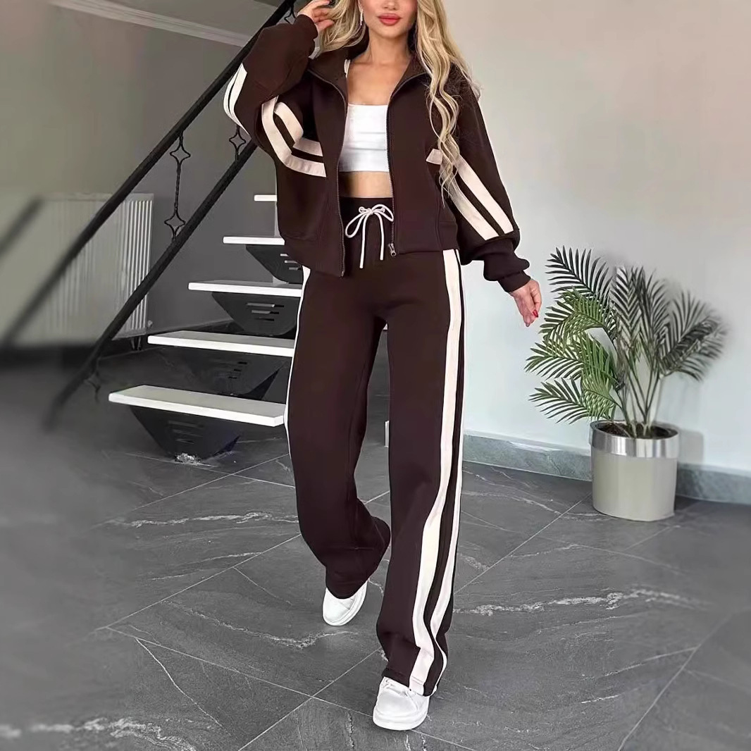 2025 European And American Cross-Border Autumn Foreign Trade Y2K Striped Zipper Jacket Casual Sports Suit For_ecoleips.com