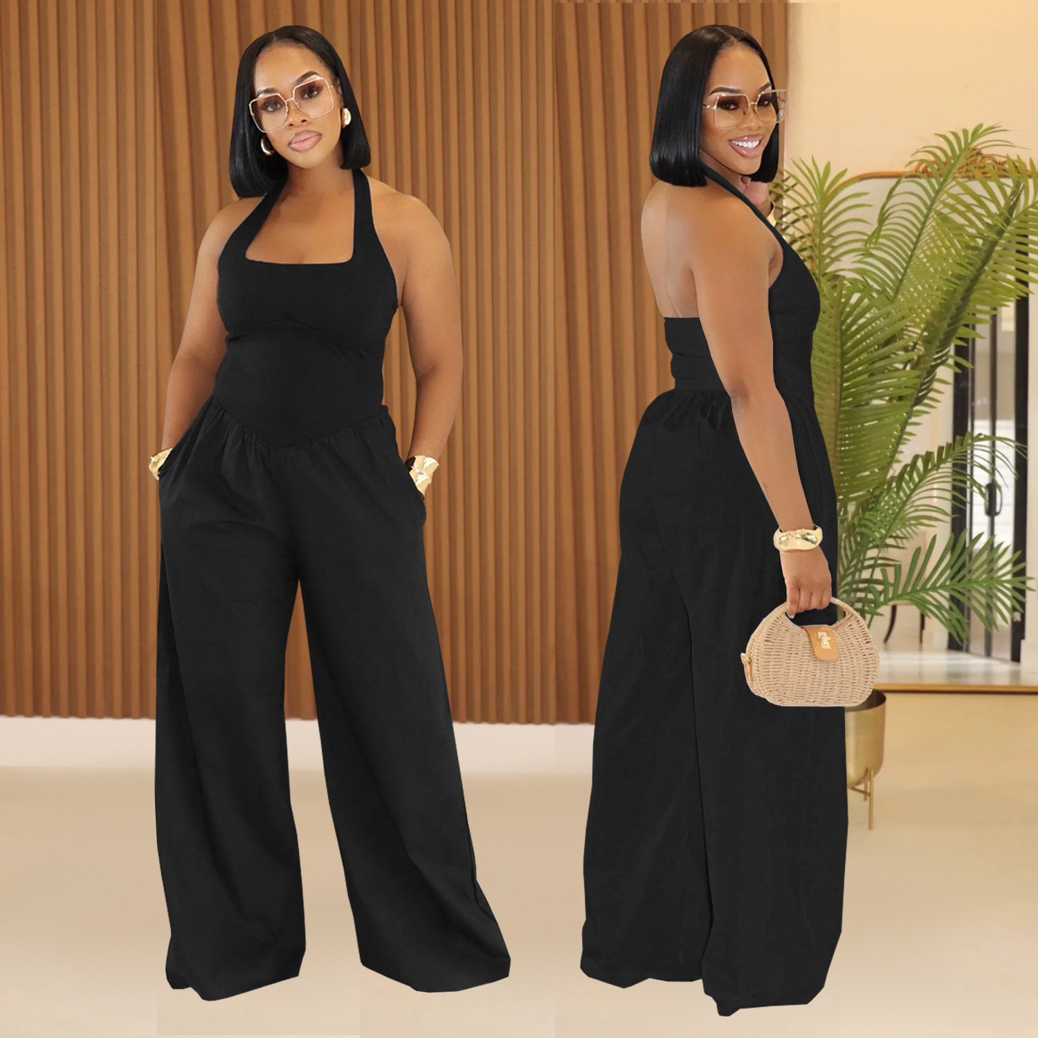 C7390 Cross-border AliExpress Amazon Ropa de mujer de moda europea y americana Mono de color sólido con cuello halter suelto casual