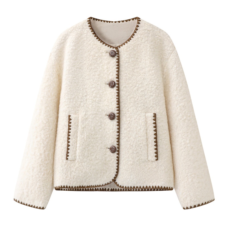 In Stock 2025 Winter New Fashion Versatile Shell-Trimmed Color-Block Round-Neck Short Lamb Wool Coat 3J4G101