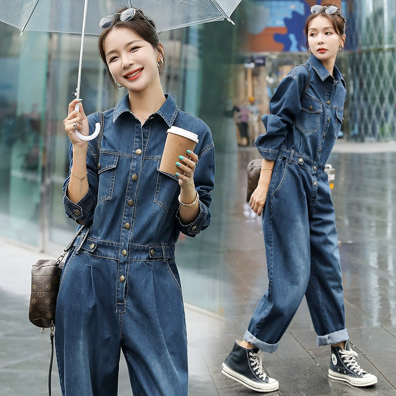 Стильный уменьшающий возраст джинсовый комбинезон женский Осень 2022 в стиле ретро, Новый Свободный Повседневный Комбинезон для похудения, Модный комбинезон для спецодежды