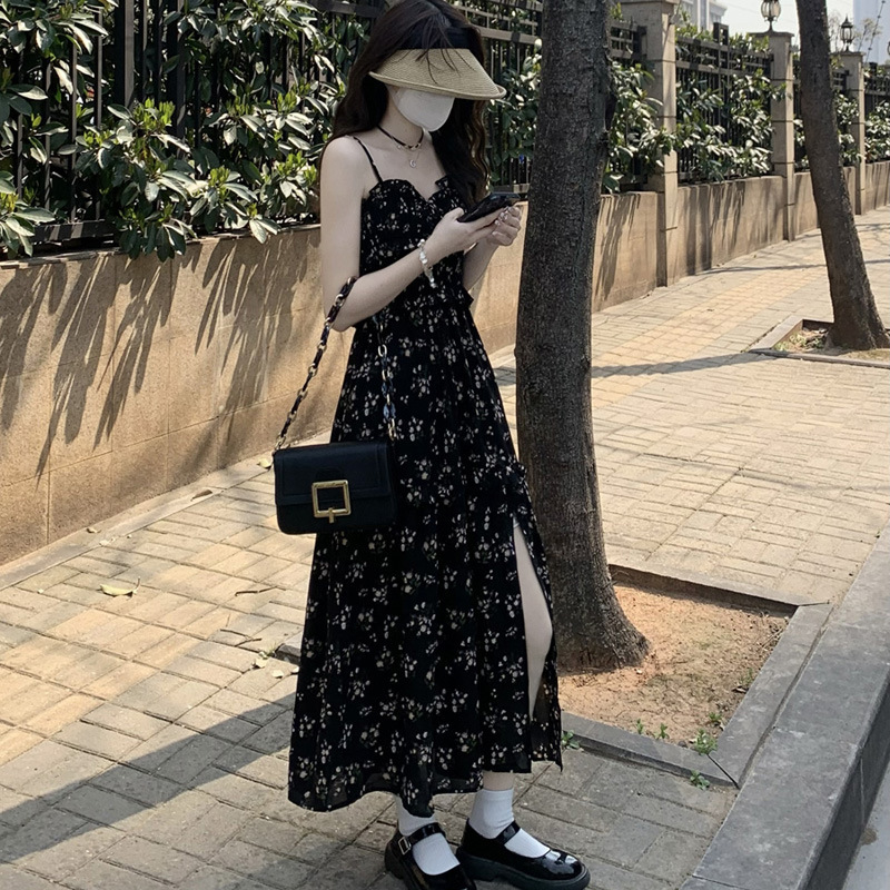Đầm maxi nữ thắt eo xẻ tà dài phong cách trà chiều — đen chi tiết 2