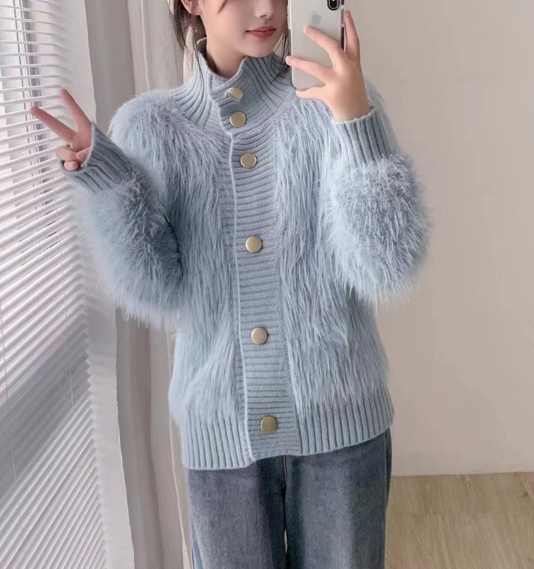 El otoño y el invierno nuevo estilo de imitación de visón de terciopelo collar de pie cardigan exterior de las mujeres de alto grado de temperamento flojo todo fósforo de punto abrigo de moda