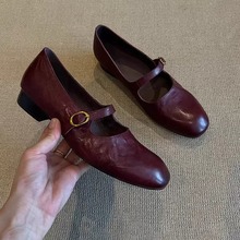 羊皮版~浅口真皮百搭一字扣平底玛丽珍鞋女复古简约通勤低跟单鞋