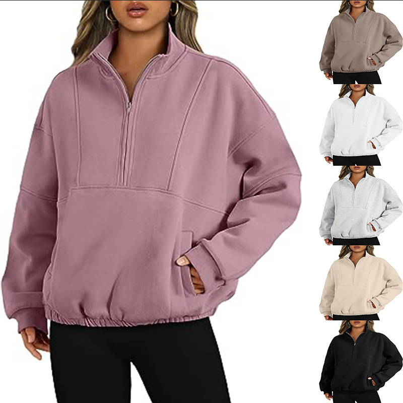 2026 Cross-Border Autumn and Winter New Fashion Sweatshirt Sports Casual Women's Zip Pocket Pullover Stand Collar Long Sleeve Top