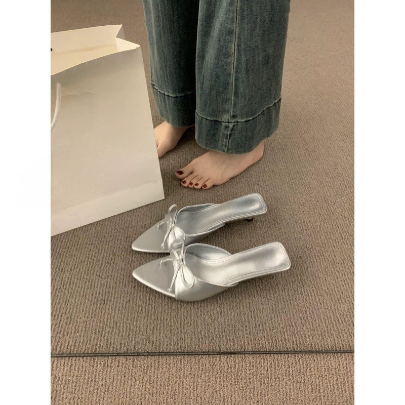 Slippers pointy toe, footwear, slide with bow, french style, 2024 years