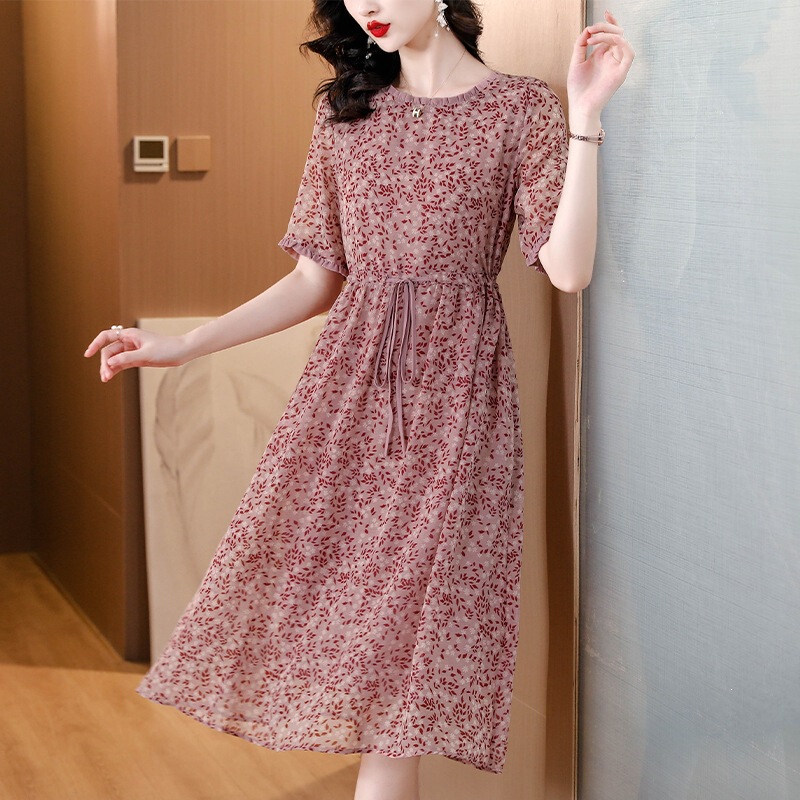 High-End Mulberry Silk Mother's Dress for Women, 2026 New Floral Print, Waist-Cinching, Slimming, Elegant Long Dress