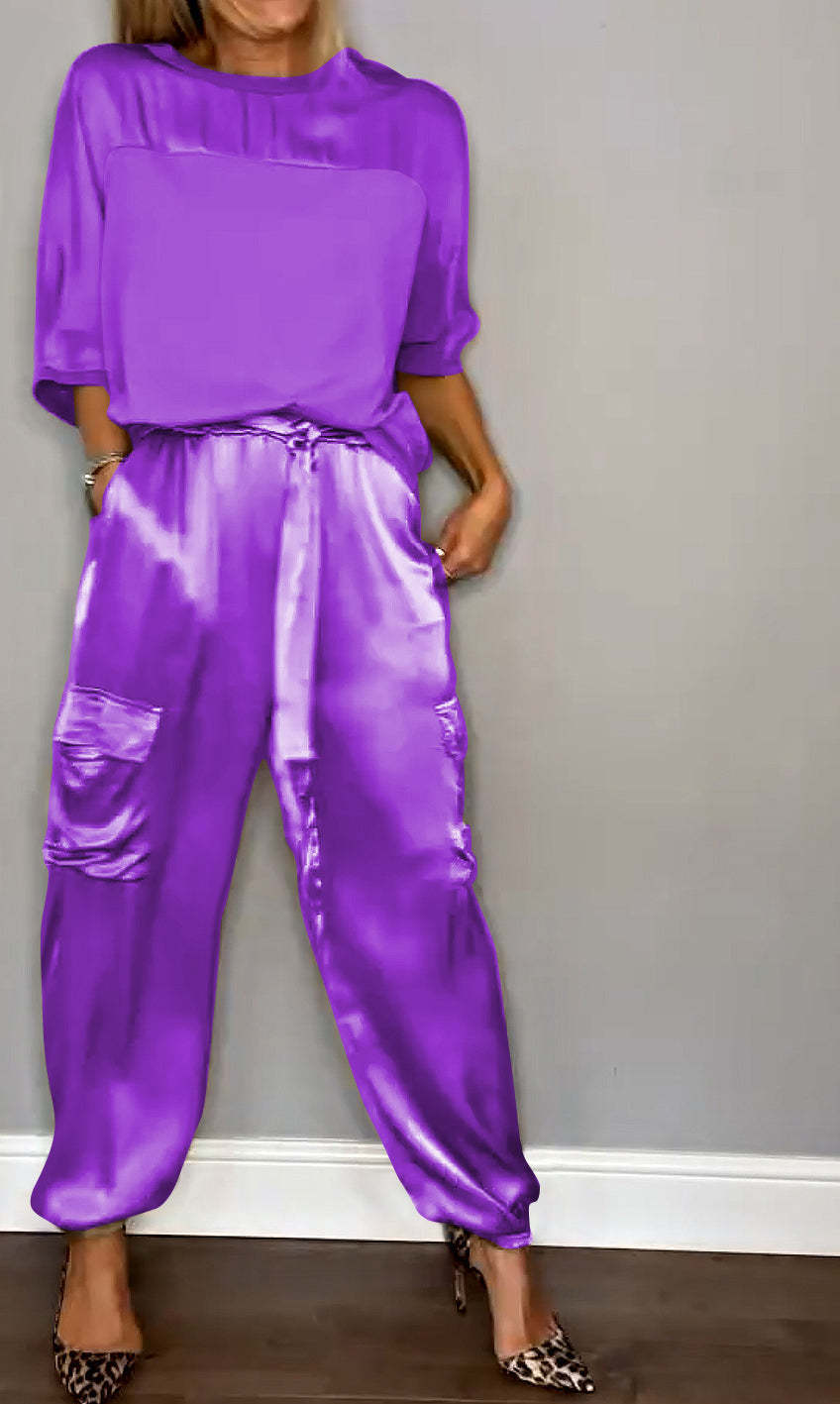 Polyester Fabric Type Daily Women's Simple Style Solid Color Polyester Pant Co-ord Set Pants Sets