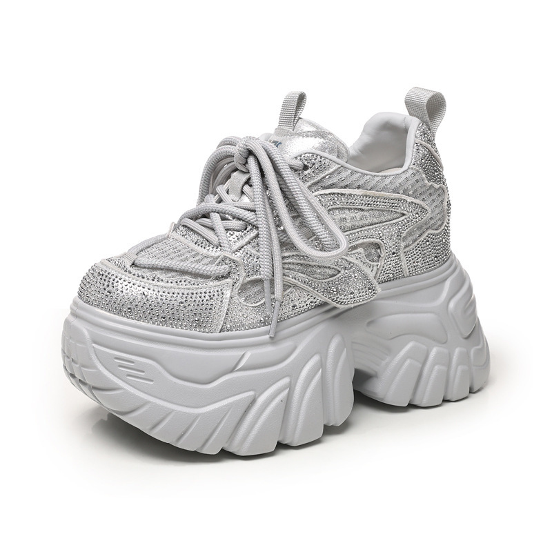 Giày sneaker nữ chunky đế dày lưới thoáng, phối đá rhinestone sáng — màu trắng