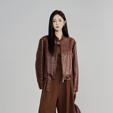 海宁新款高级感复古韩版真皮绵羊皮立领女焦糖色显瘦时尚外套