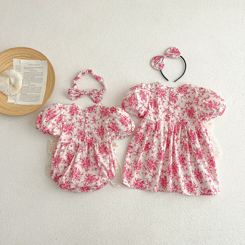 2024 newborn baby twin set summer baby diaper cover clothing short sleeve girls' dress sister set