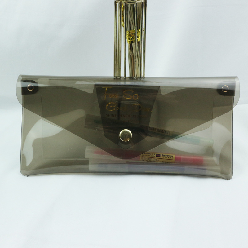 厂家定制PVC透明烫金笔袋 小清新荧光笔盒便携容量按扣收纳文具袋