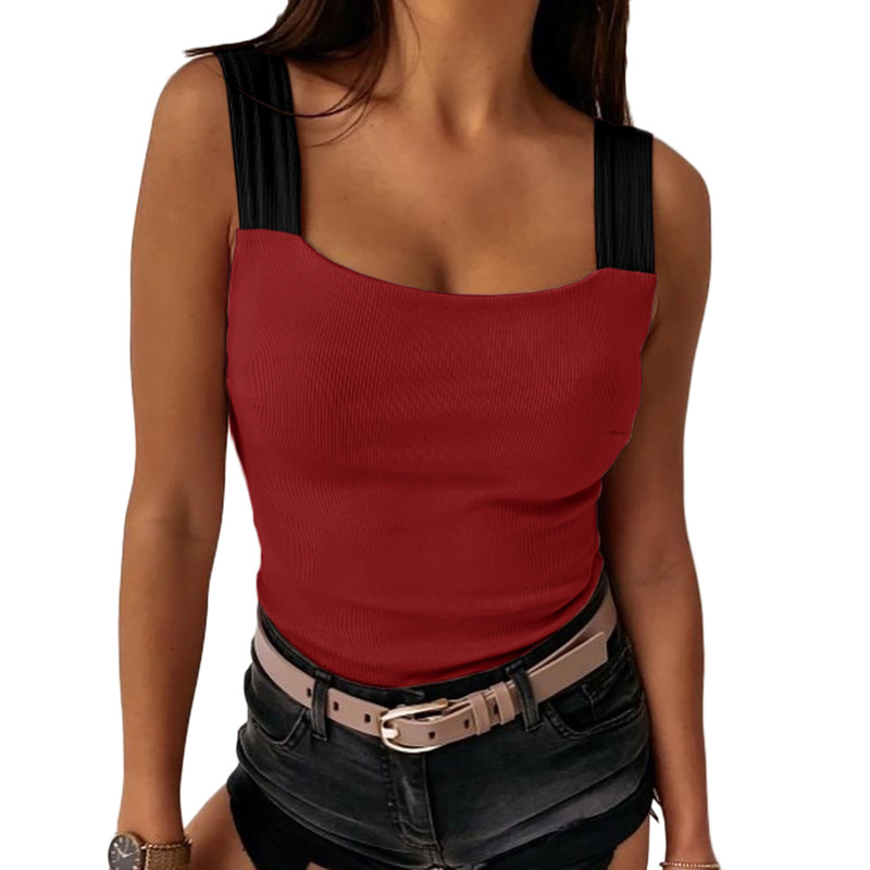 European and American plus size cross-border T-shirt foreign trade Fashion square collar sleeveless contrast color stitching vest top women's clothing in stock