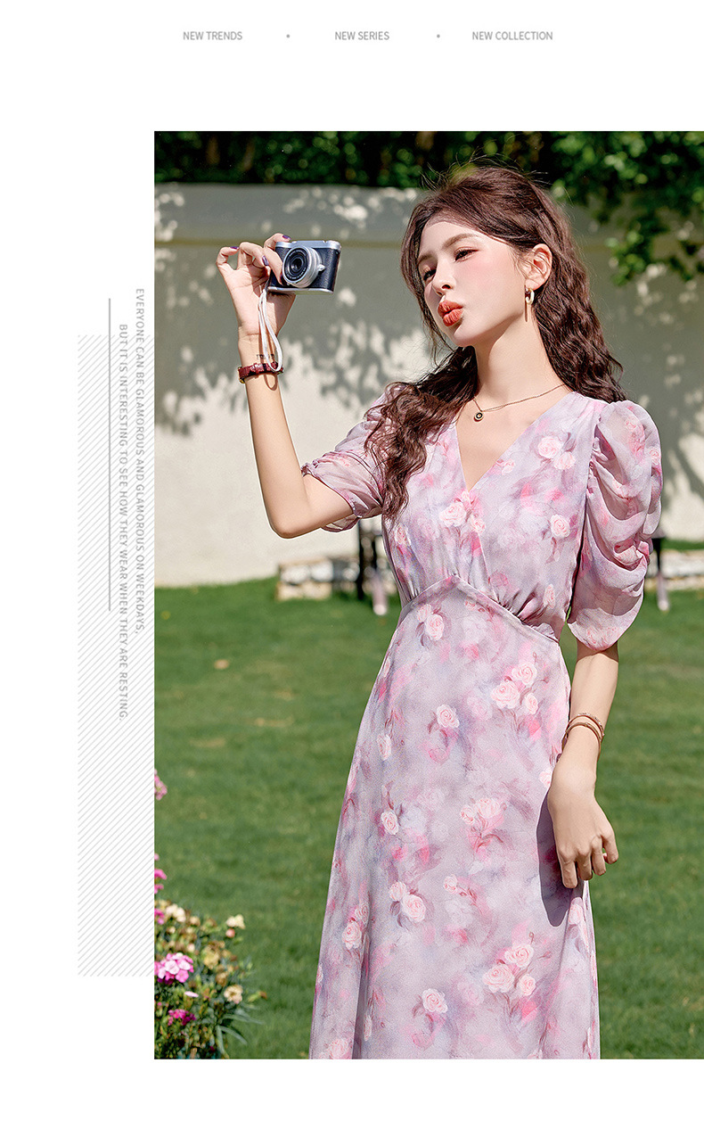 Đầm maxi nữ thắt eo in hoa phong cách mềm mại mùa hè 2025 ME5631 — hoa xanh, hoa hồng tím chi tiết 12