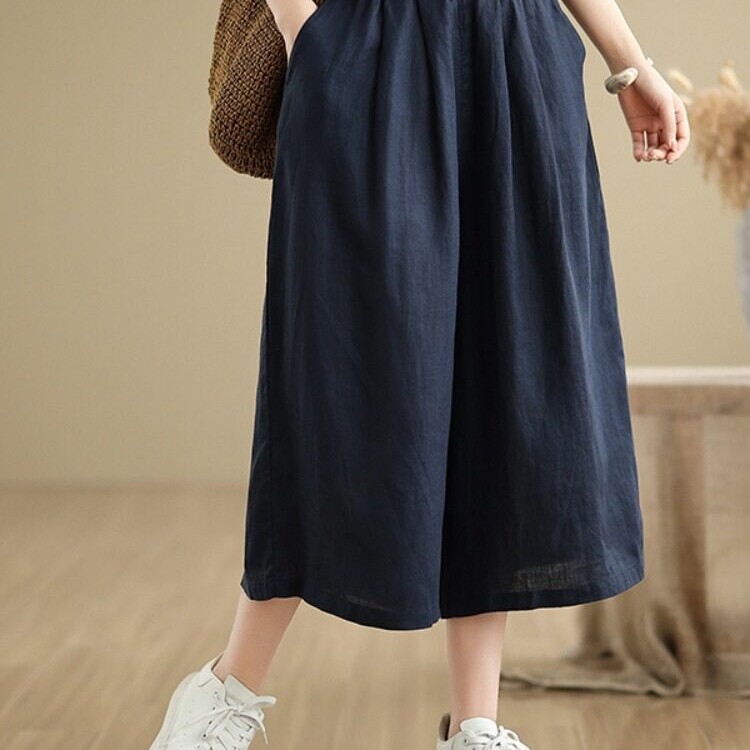 Petite Women's Summer Linen Double-Layered Cropped Pants, Plus-Size High-Waisted Slimming Wide-Leg Pants, Cotton-Linen Solid Color Casual Pants Petite Women's Summer Linen Double-Layered Cropped Pants, Plus-Size High-Waisted Slimming Wide-Leg Pants, Cotton-Linen Solid Color Casual Pants