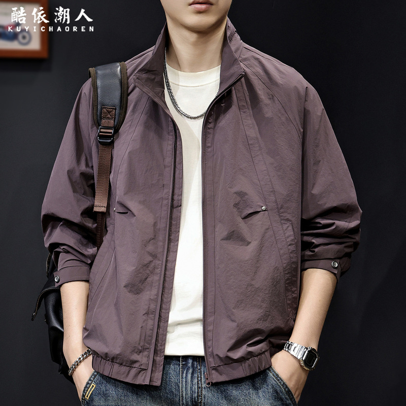 Spring 2026 New Style Stand Collar Casual Jacket Men's Purple Coat American Simple Lightweight Breathable Clothing Large Size Spring 2026 New Style Stand Collar Casual Jacket Men's Purple Coat American Simple Lightweight Breathable Clothing Large Size