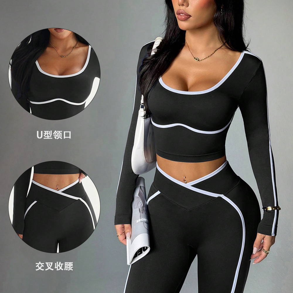 Xiyun explosivo cross-border color contrastante yoga ajustado manga larga frente V cintura elevación de cadera ajustado conjunto de pantalones de calzado