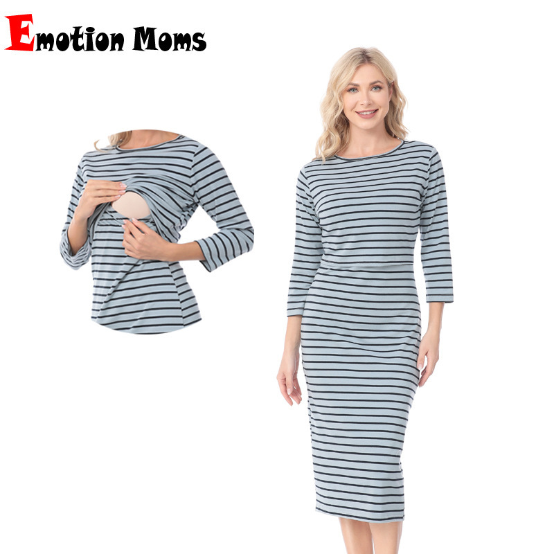Spring and Autumn Large Size Pregnant Women's Breastfeeding Dress Fashion Striped Seven-point Sleeve Pregnant Women's Dress Slim-fit Large Size Maternity Clothes Spring and Autumn Large Size Pregnant Women's Breastfeeding Dress Fashion Striped Seven-point Sleeve Pregnant Women's Dress Slim-fit Large Size Maternity Clothes