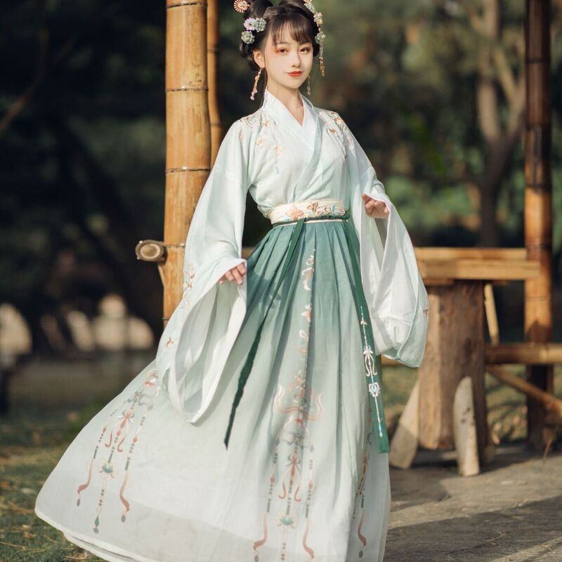 Original Hanfu Women's Adult Set【Guici】Cross-Collar Waist-Length Skirt with Wide Sleeves in Wei and Jin Style for Daily Wear in Spring and Autumn