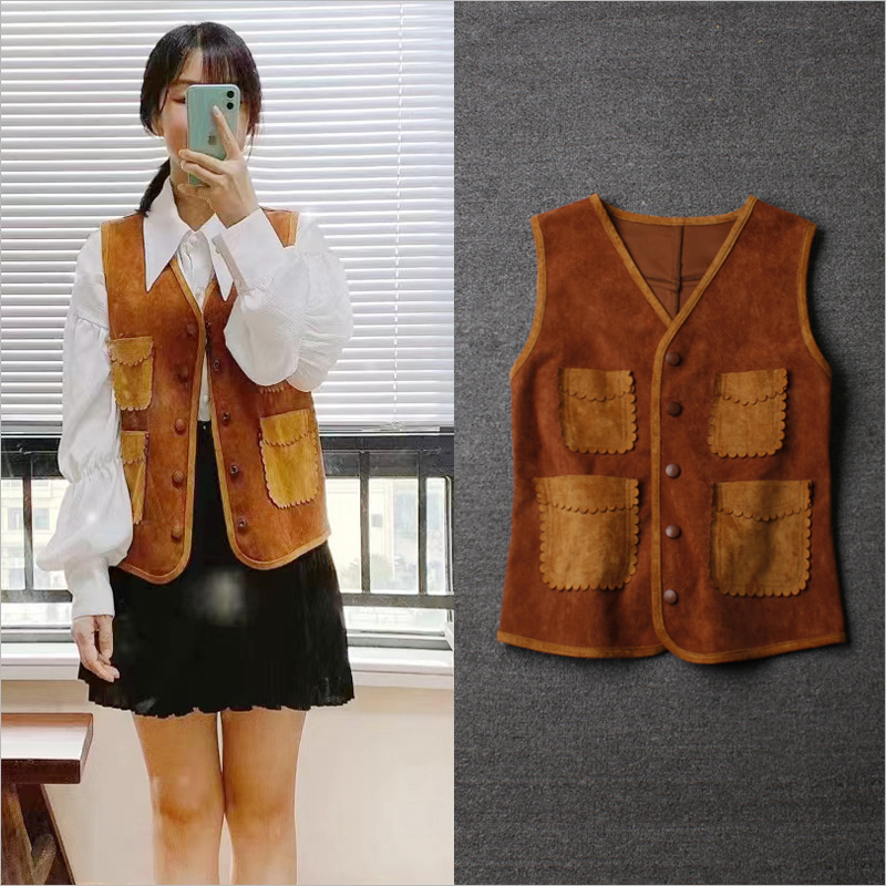 Summer and Autumn New Style Liu Wen Celebrity Style Casual Loose Lapel White Shirt with Brown Vest