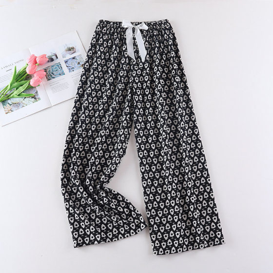 Cotton Silk Wide-Leg Pants Thin Wearable Out-Wearable Cropped Printed Artificial Cotton Wearable Out-Wearable Loose Home Air-Conditioning Long Pants