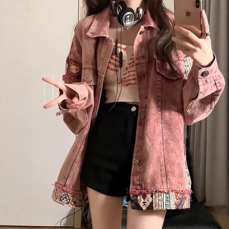 美式复古拼接牛仔外套女春秋宽松设计感小众休闲百搭粉色工装上衣|undefined
