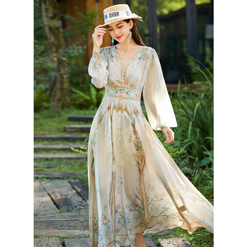 The Store Owner Highly Recommends This Light Luxury High-End Mulberry Silk Positioning Print Silk Long-Sleeve Slim-Fit V-Neck Long Dress for Spring 26