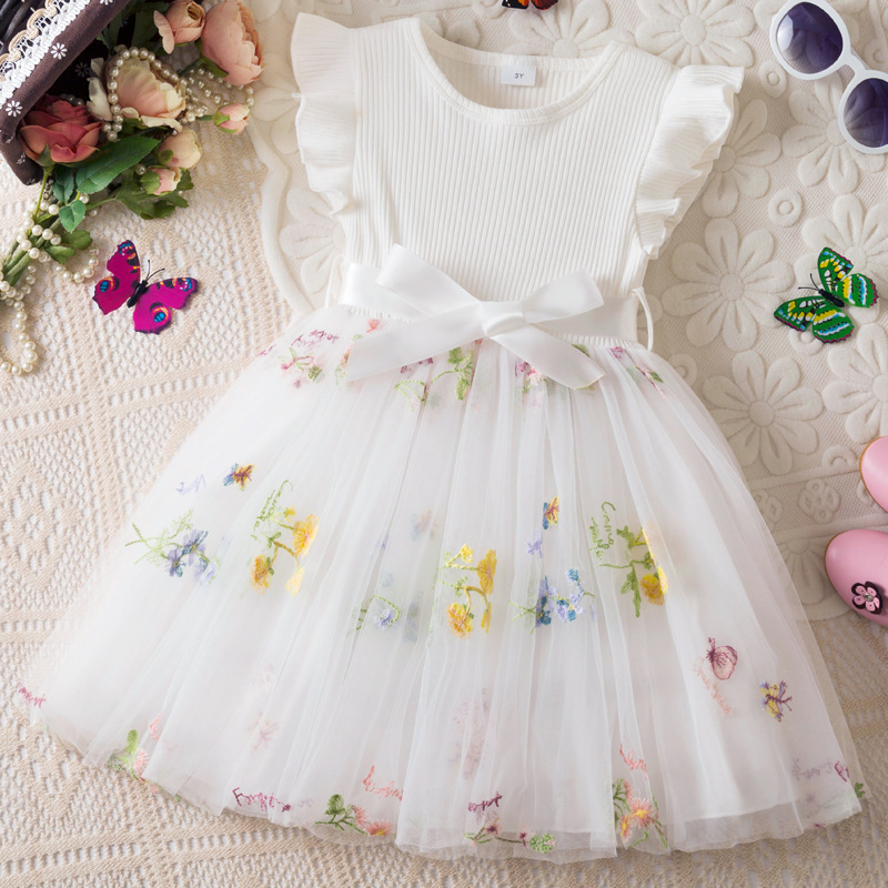 Foreign Trade Summer Girls' Flutter Sleeve Floral Embroidery Mesh Children's Dress Toddler Princess Dress Bowknot Formal Dress Foreign Trade Summer Girls' Flutter Sleeve Floral Embroidery Mesh Children's Dress Toddler Princess Dress Bowknot Formal Dress