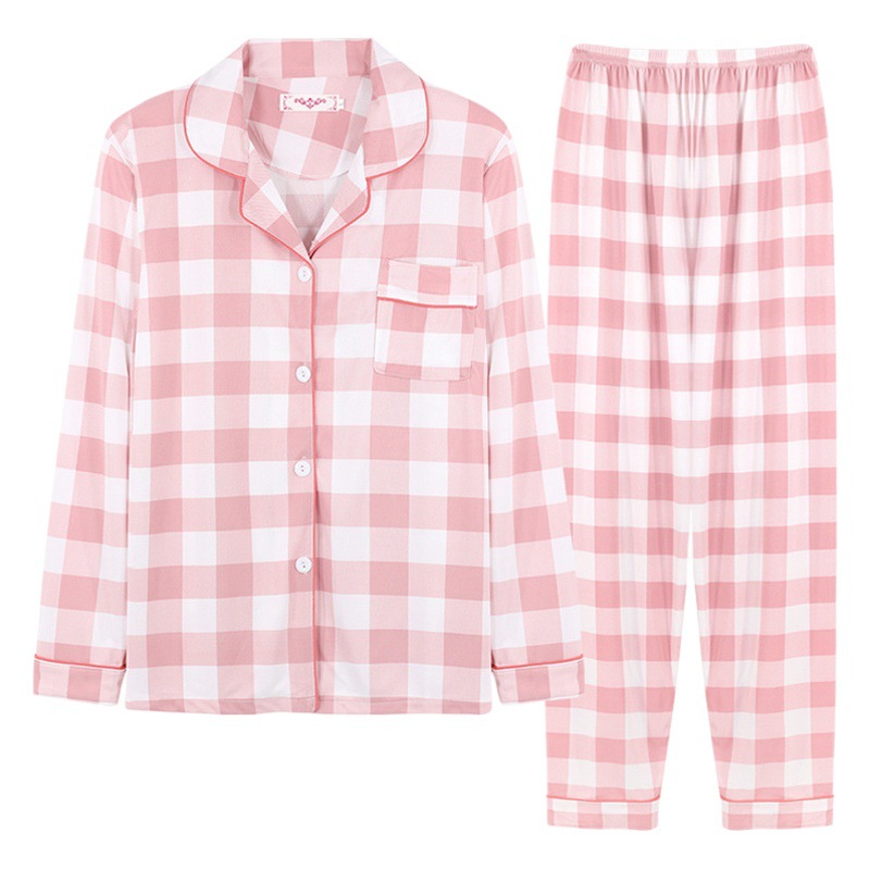 Pijama de las mujeres de primavera y otoño de manga larga a cuadros solapa cardigan comercio exterior de las mujeres delgadas impreso ropa de casa traje de pijama