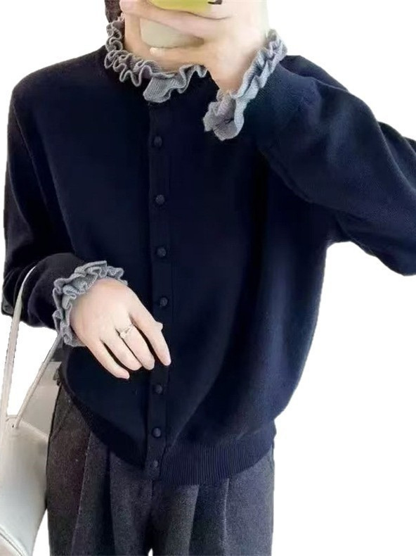 木耳花边气质针织开衫2025秋冬新款慵懒风圆领撞色毛衣外套上衣女|undefined