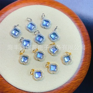 爆款新品S925银镶嵌天然海蓝宝吊坠四叶草饰品 diy配饰挂件配件