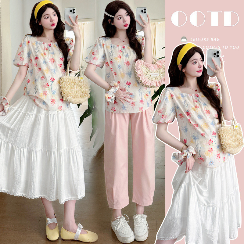 Maternity Wear New Style 2025 Summer Korean Sweet Floral Baby Doll Shirt Pregnant Mother Two-Piece Set with Various Combinations and Free Hair Ties