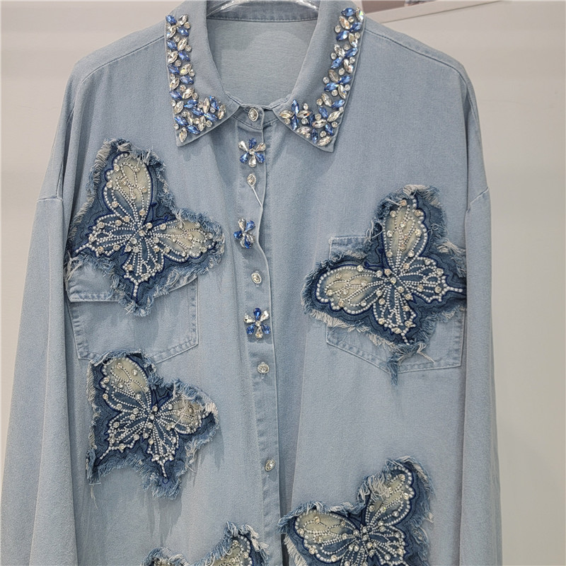 Suéter vaquero de diamante con cuentas de clavos de Heavy Industries blusa de mariposa femenina bordada con diamantes con solapa suelta de media y larga moda de blusa image 3