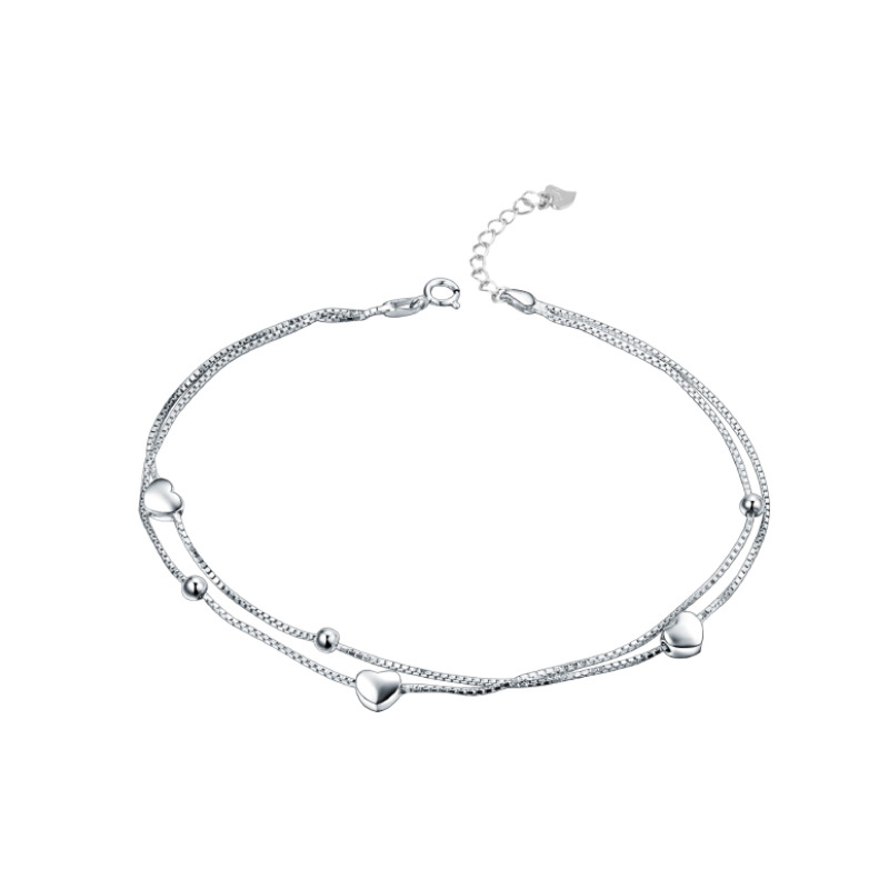 Corea del Sur personalidad simple verano pie joyería s925 plata esterlina simple doble en forma de corazón playa del grano tobillera Mujer al por mayor