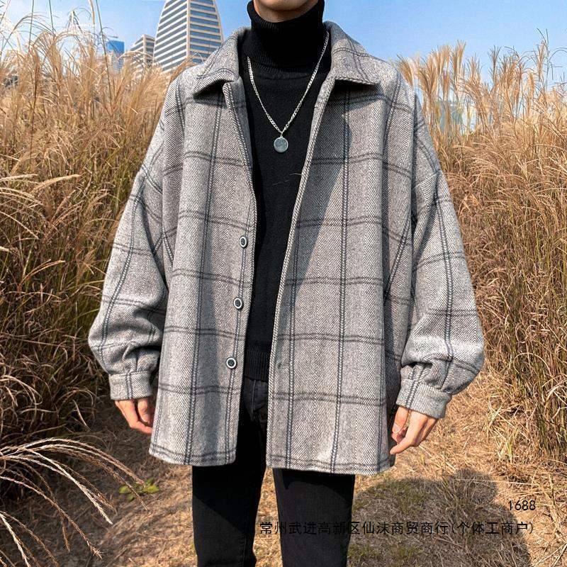 外套男2020春秋季韩版潮流百搭ins潮港风机能格子毛呢风衣夹克男