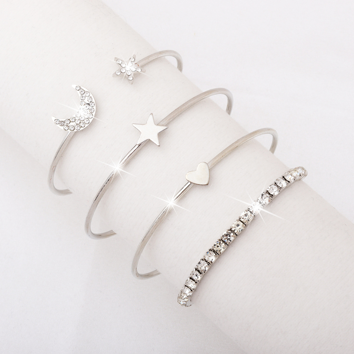 Fashionable Open Bangle Bracelet Set With Crystals Stars And Moons_voghion.com