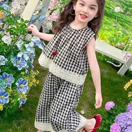 女童夏无袖花边套装儿童韩系格子背心新款小女孩休闲阔腿裤潮