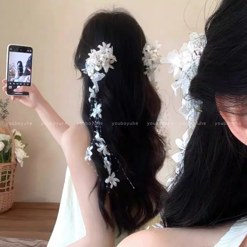 新中式超仙仿真铃兰花朵发夹女轻奢高级感流苏鸭嘴侧边夹盘发发饰